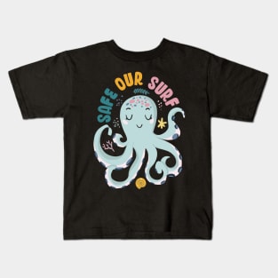 Safe our Surf quote with cute sea animal octopus, starfish, coral and shell aesthetic pastel color illustration. Kids T-Shirt